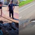 Buraco tapado por Otacílio com enxada reaparece menos de uma semana após serviço em Santa Cruz